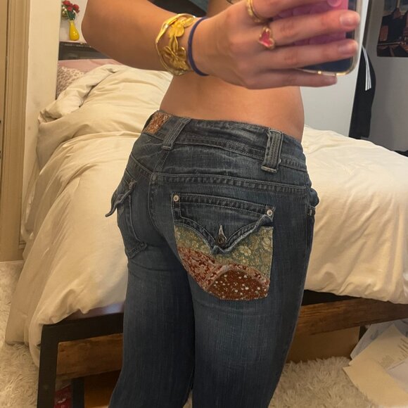 Miss Me Y2K Flare Jeans 2/3 Low Rise Paisley Print Corduroy Pockets Medium Wash - Picture 7 of 7